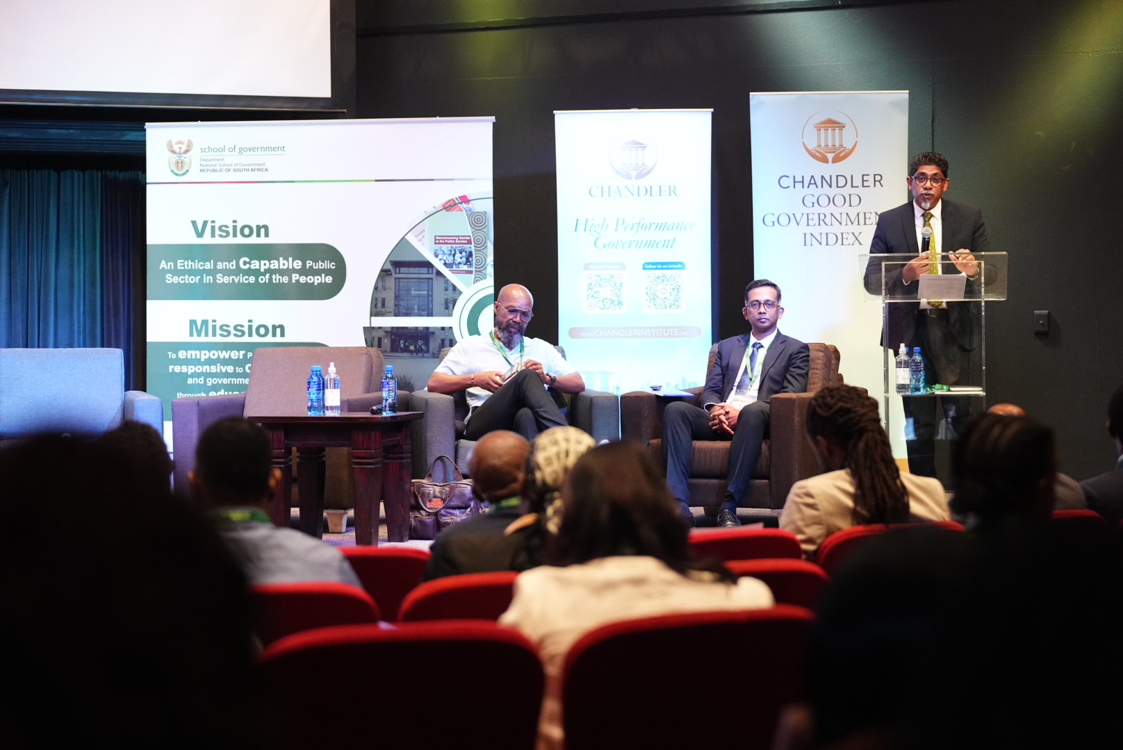 Chandler Good Government Index 2025: Africa’s Top Governments Revealed: Dr Botshabelo Maja DDG Of National School Of Governance Left Mr Dinesh Naidu Director Chandler Institute Of Governance Centre Mr Dino Poonsamy Right